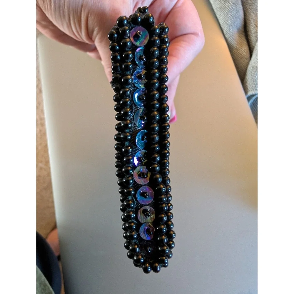 Vintage Handmade Beaded Sequin Clutch Bag Black Iridescent Evening Pouch Japan